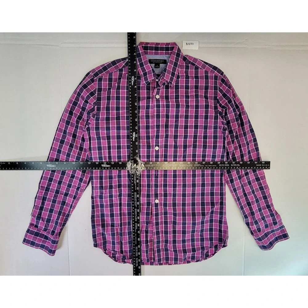 Banana Republic‎ Plaid Button Down Shirt Pink Navy Long Sleeve Slim Fit Mens S